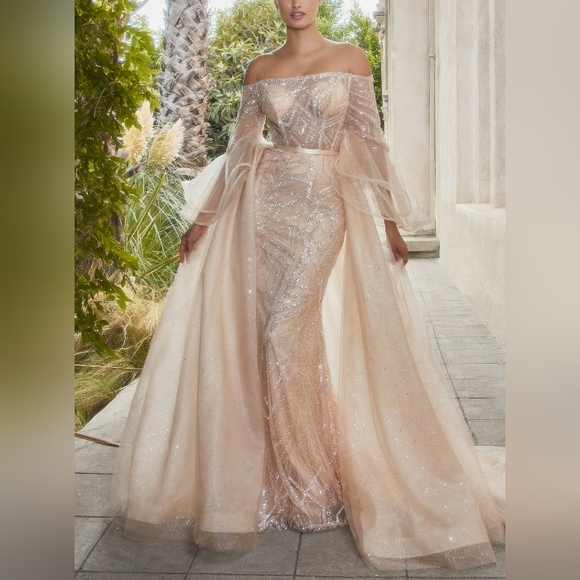 Champagne gold off the shoulder long sleeve floor length gown - Picture 6 of 15
